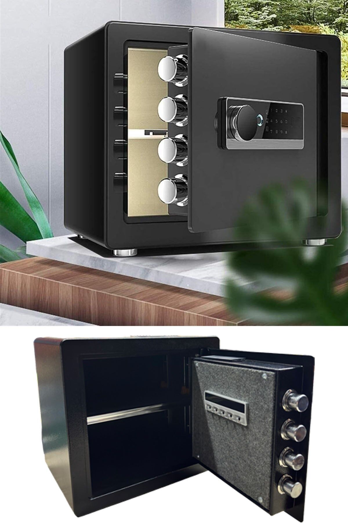 Germany Çelik Büyük Boy Elektronik Para Kasası – Parmak İzi & Şifreli Raflı Model x4 Kilitli 35x40CM