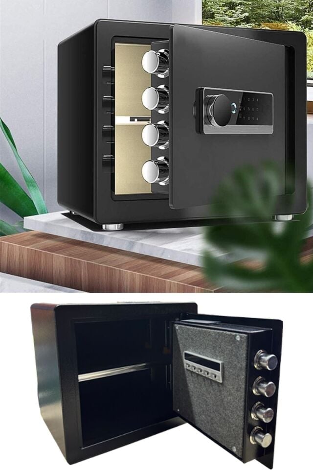 Germany Çelik Büyük Boy Elektronik Para Kasası – Parmak İzi & Şifreli Raflı Model x4 Kilitli 35x40CM