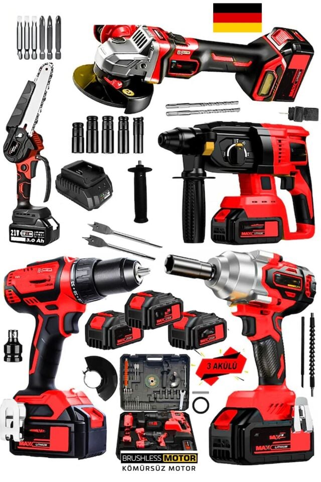Kömürsüz Motor Şarjlı Matkap Taşlama Dal Budama Testeresi Somun Sıkma  Kırıcı Delici 5li Ultra Set