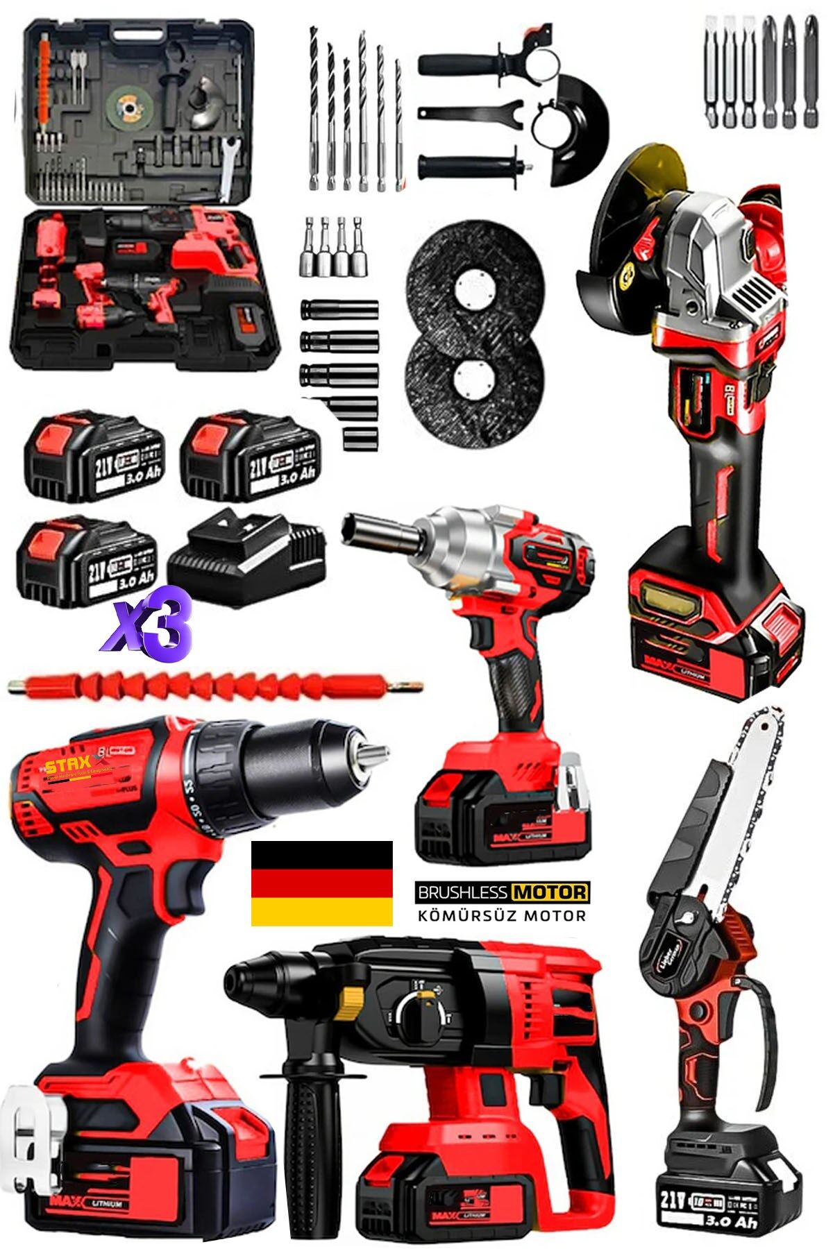 Kömürsüz Motor Şarjlı Matkap Taşlama Dal Budama Testeresi Somun Sıkma  Kırıcı Delici 5li Ultra Set