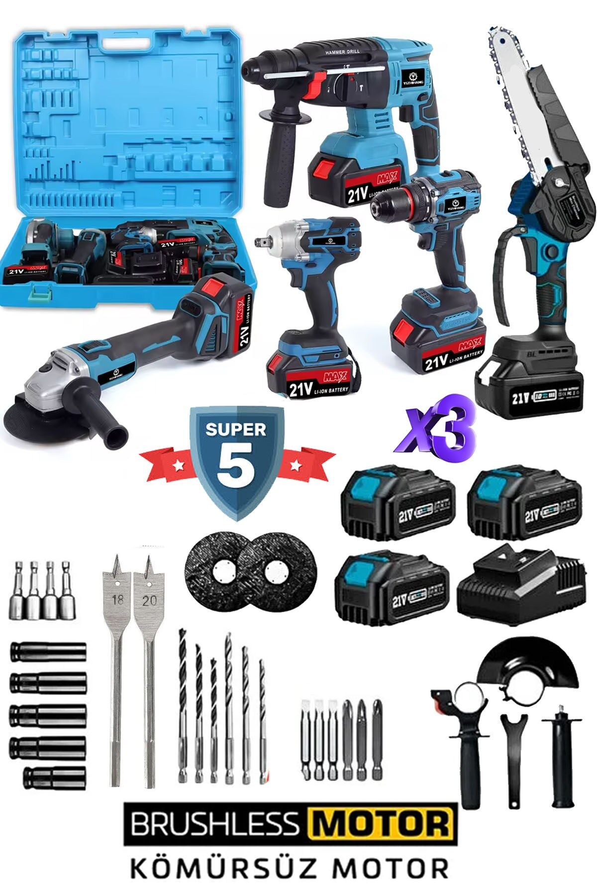 Kömürsüz Seri 5’li Güç Seti + 20 Aksesuar | Akülü Budama, Matkap, Kırıcı, Taşlama, Somun Sökme