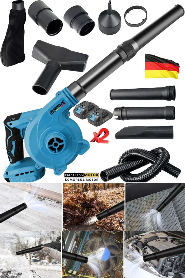 x2 Çift Akülü Devir Ayarlı Şarjlı Hava Üfleme Çekme Toz Toplama Süpürge Makinesi + Başlık  Hediyeli