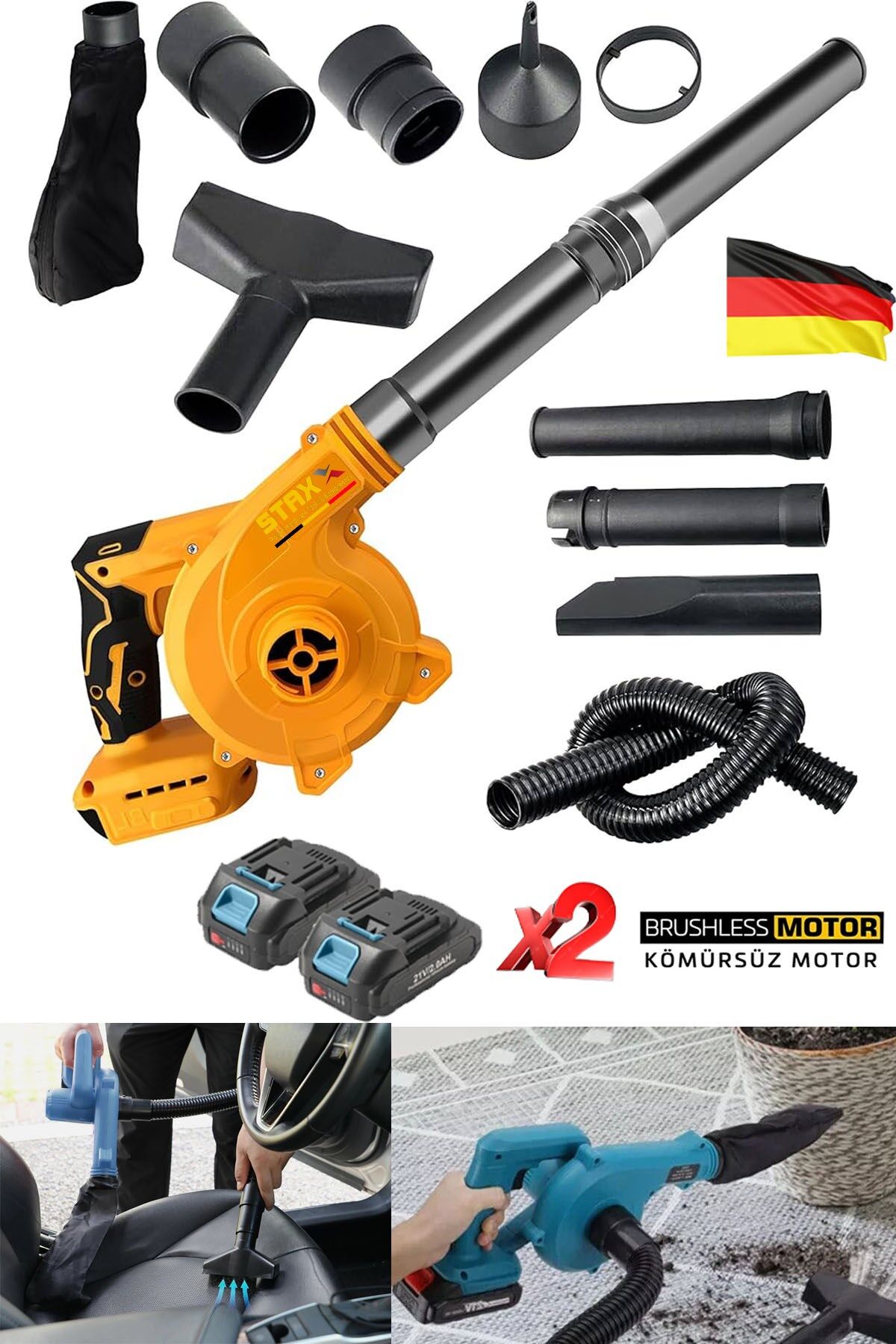 Tetikten Devir Ayarlı x2 Akülü Yaprak Kar Toz Üfleme Temizleme Araç İçi Temizleme Makinesi 40V 10AH