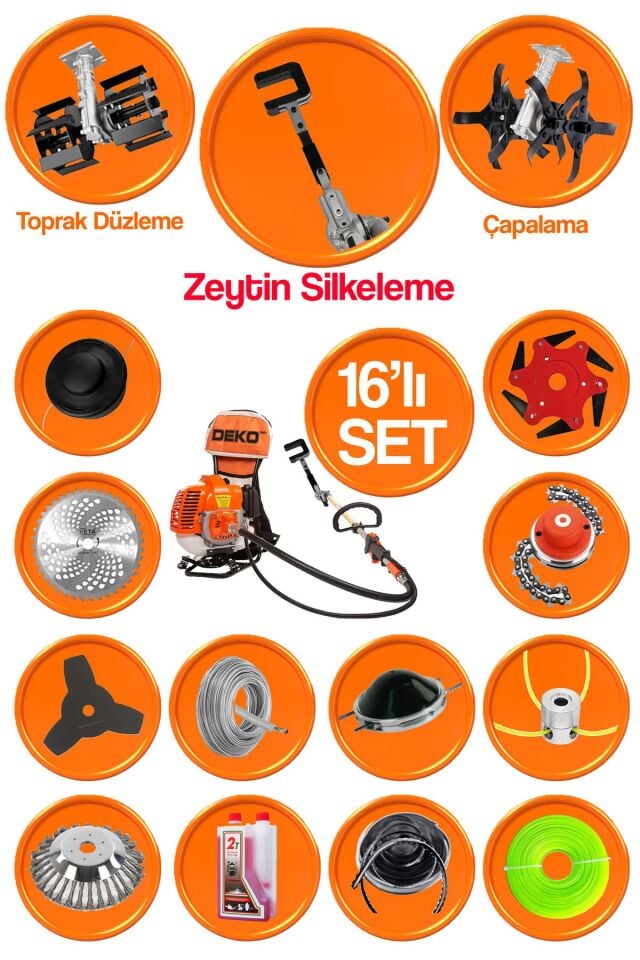 Muhteşem 16 Parçalı Benzinli Sırt Tipi Tırpan + Çapalama Aparatı + Eşeleme + Zeytin Silkeleme