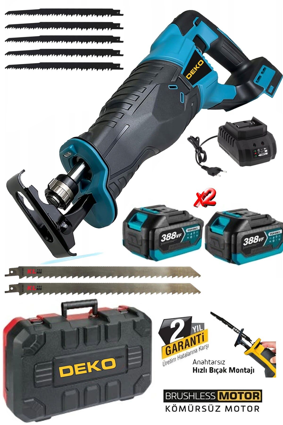 BL Motor Çift Akülü 388VF 10Ah Akülü Tilki Kuyruğu Testere Tuğla Beton Tahta Kesme Mak + 7 Ad Bıçak