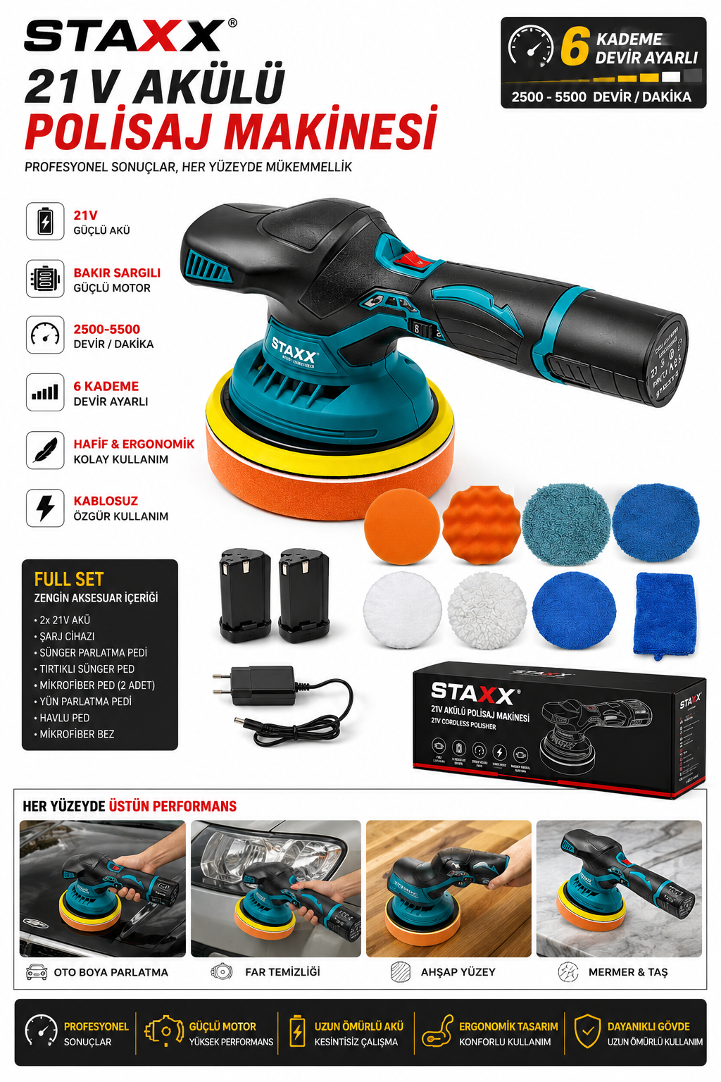 21V Akülü Polisaj Makinesi 6 Kademe Devir Ayarlı  Çift Akülü Oto Pasta Cila & Boya Parlatma Full Set
