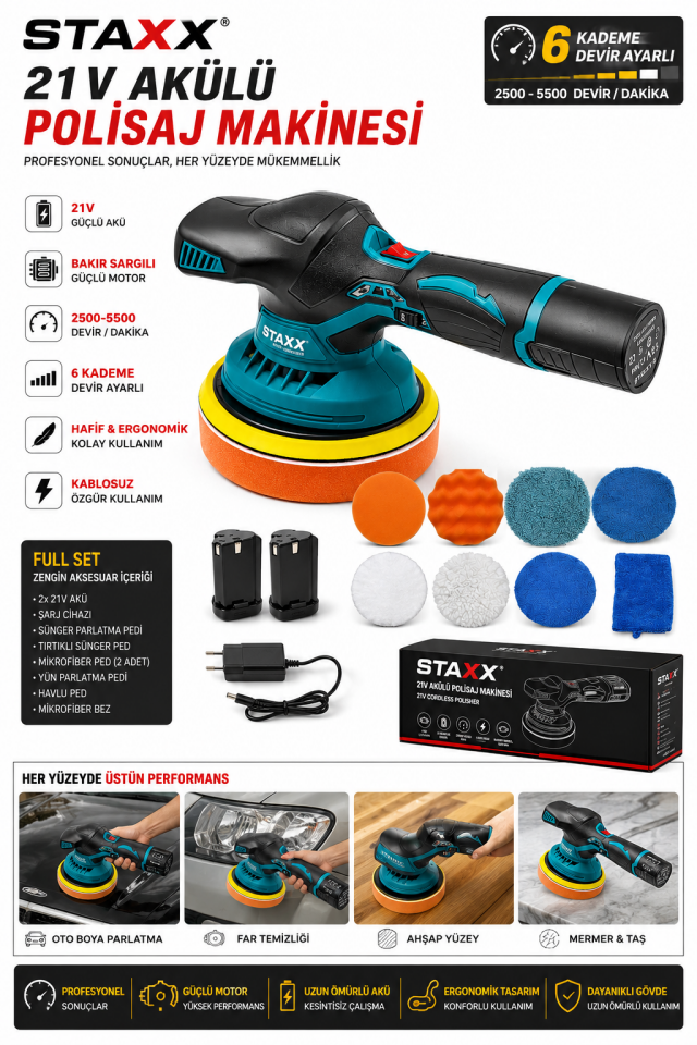 21V Akülü Polisaj Makinesi 6 Kademe Devir Ayarlı  Çift Akülü Oto Pasta Cila & Boya Parlatma Full Set