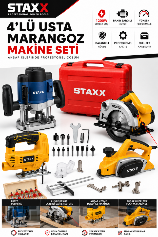 4'lü Usta Marangoz Makine Seti  Freze Formika + Daire Testere + Dekupaj Testere + Planya Makinesi