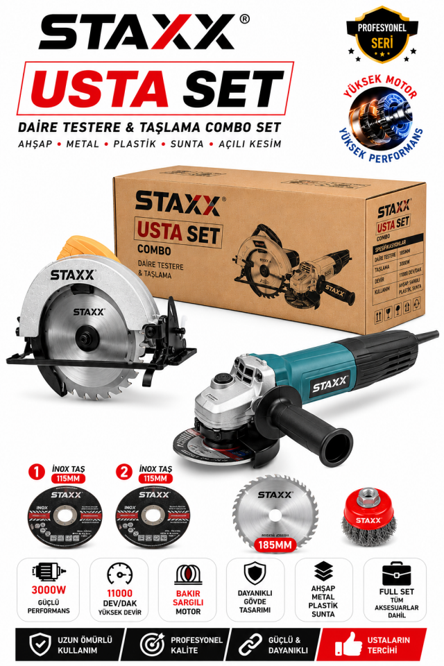Usta Set 185mm Daire Testere + 115MM Avuç Spiral Taşlama Combo Set Ahşap Metal Plastik Sunta Kesim