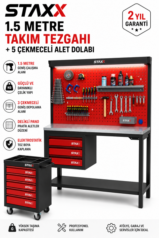 1.5 Metre 3 Çekmeceli Endüstriyel Takım Dolabı Tezgahı Atölye Çalışma Tezgahı + 5Çekmece Alet Dolabı