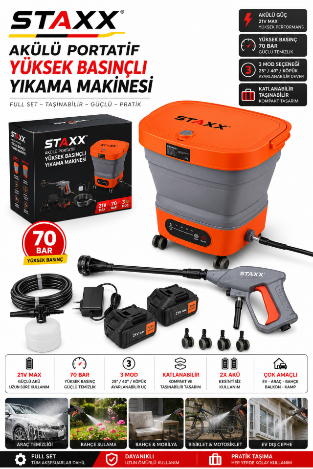 Kömürsüz BL Motor x2 Akülü Yüksek Basınçlı Oto Araç Bahçe Yıkama Akülü İlaçlama Tabancası Kovalı Set
