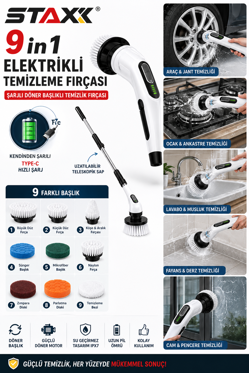 9in1 Şarjlı Temizlik Fırçası | Kablosuz Şarjlı Döner Fırça | Araç Banyo Fayans Mutfak Temizlik Seti