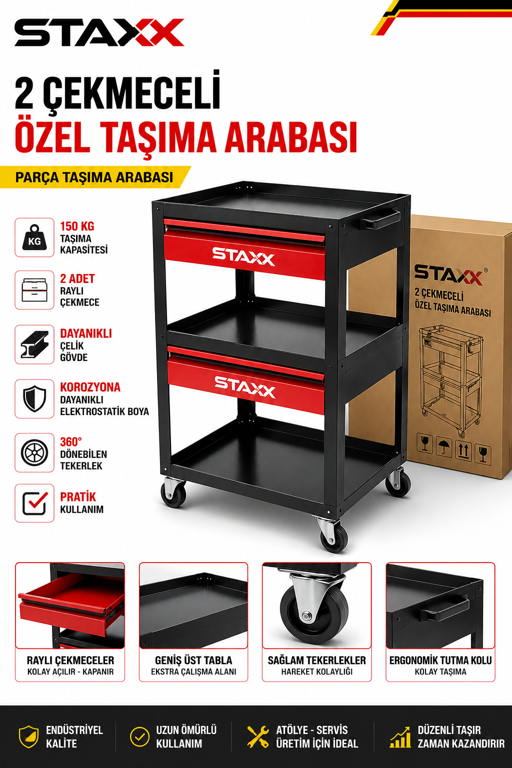 2 Çekmeceli Parça Taşıma Arabası | Ağır Hizmet Çelik Gövde | Raylı Çekmeceli Servis Arabası