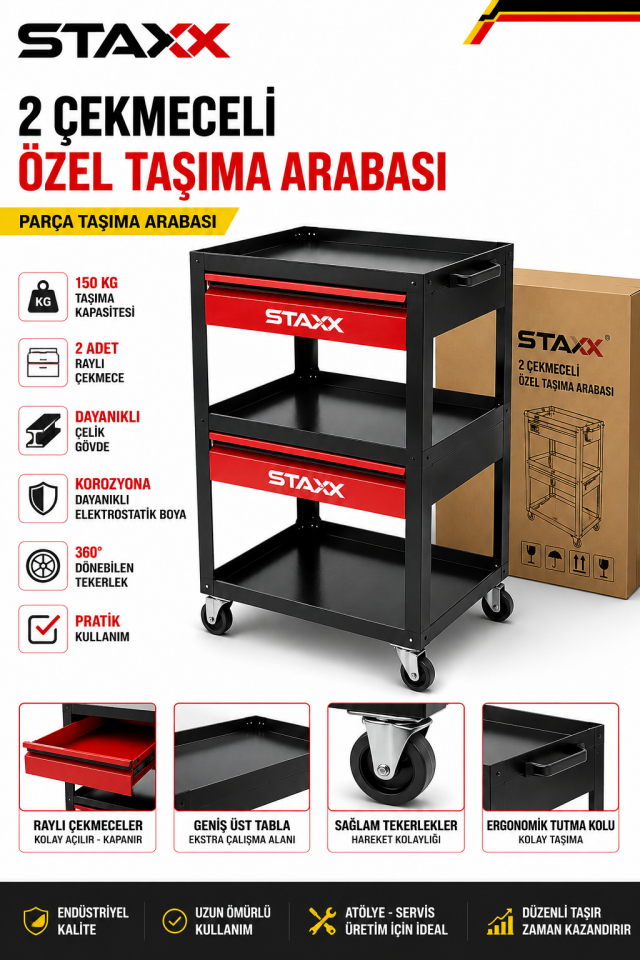 2 Çekmeceli Parça Taşıma Arabası | Ağır Hizmet Çelik Gövde | Raylı Çekmeceli Servis Arabası