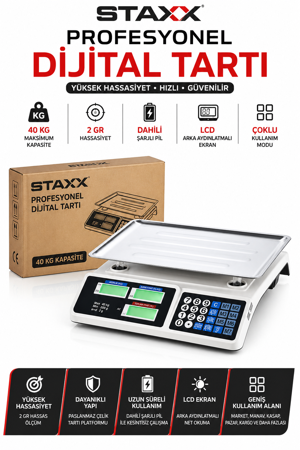 40 KG Dijital Terazi | 2 Gr Hassasiyet | Şarjlı LCD Elektronik Market Manav Kasap Pazarcı Tartısı