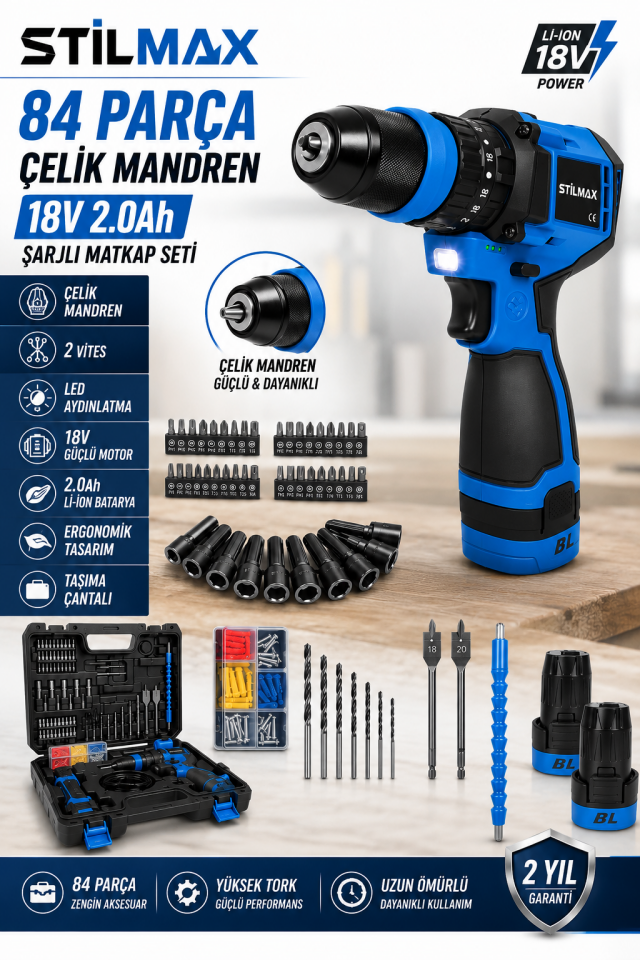 18V Brushless Şarjlı Matkap Seti | 84 Parça Çelik Mandren | Çift Akülü 2.0Ah Vidalama ve Delme Makinesi