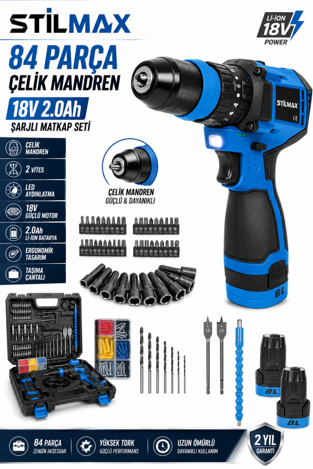 18V Brushless Şarjlı Matkap Seti | 84 Parça Çelik Mandren | Çift Akülü 2.0Ah Vidalama ve Delme Makinesi