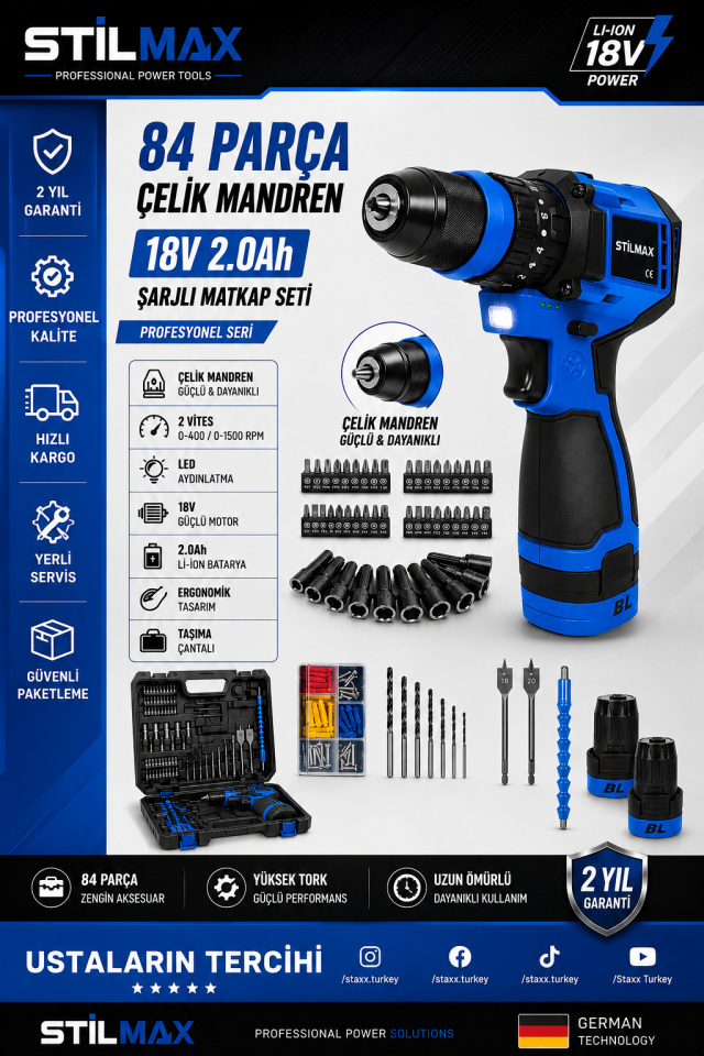18V Brushless Şarjlı Matkap Seti | 84 Parça Çelik Mandren | Çift Akülü 2.0Ah Vidalama ve Delme Makinesi