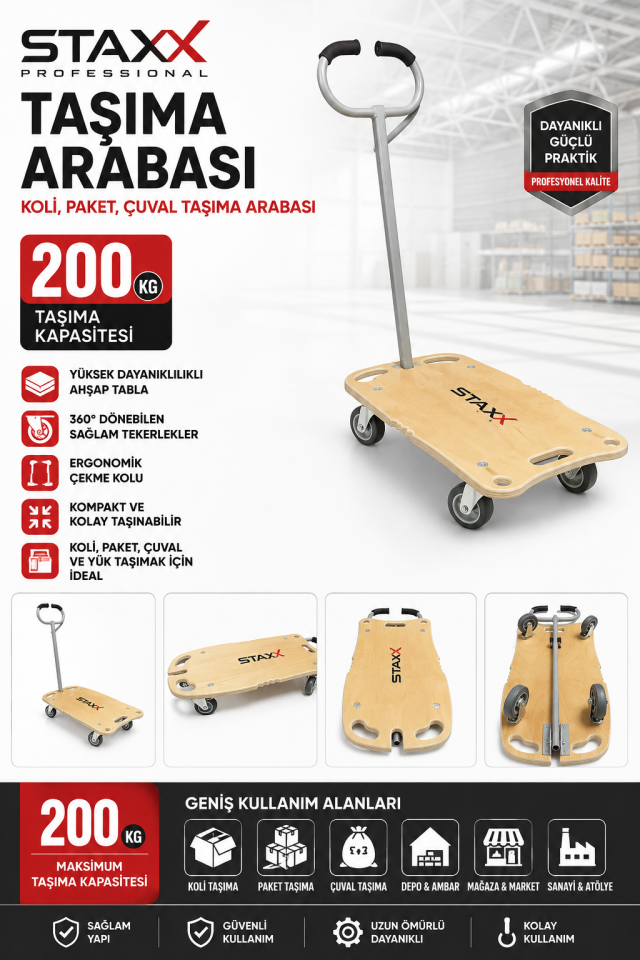 200 KG Platform Taşıma Arabası | Katlanır Ahşap Yük Arabası | Buzdolabı, Koli ve Depo Taşıma Arabası