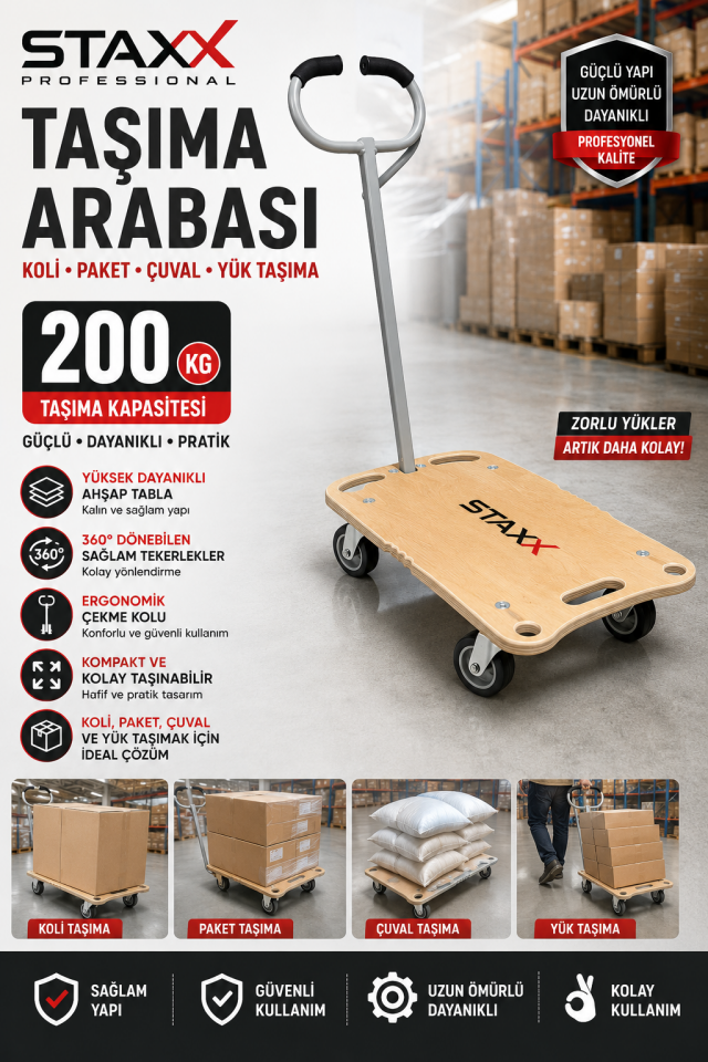 200 KG Platform Taşıma Arabası | Katlanır Ahşap Yük Arabası | Buzdolabı, Koli ve Depo Taşıma Arabası