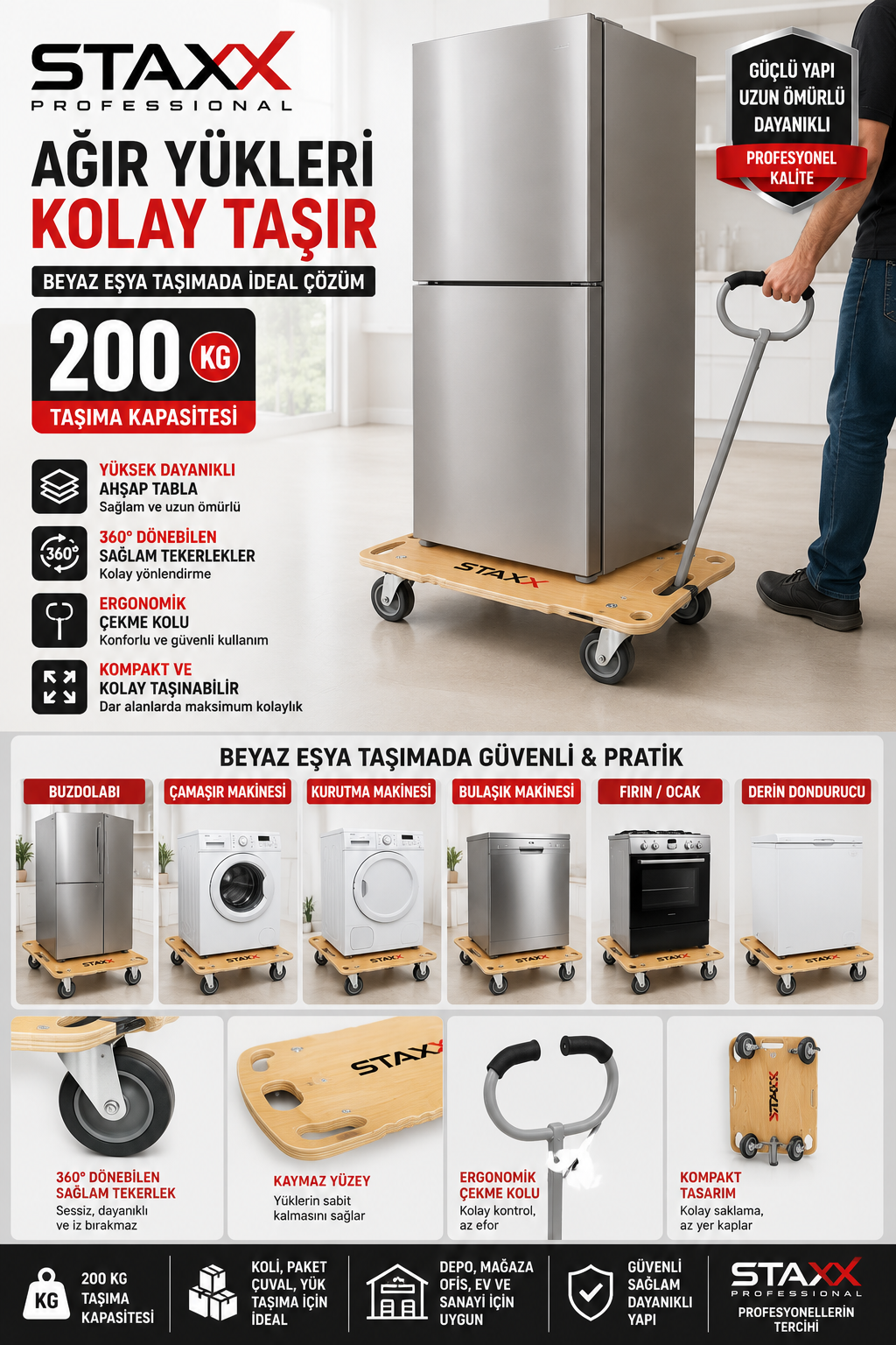 200 KG Platform Taşıma Arabası | Katlanır Ahşap Yük Arabası | Buzdolabı, Koli ve Depo Taşıma Arabası