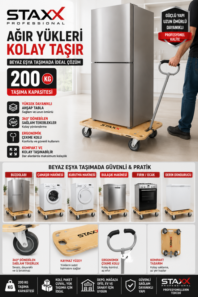 200 KG Platform Taşıma Arabası | Katlanır Ahşap Yük Arabası | Buzdolabı, Koli ve Depo Taşıma Arabası