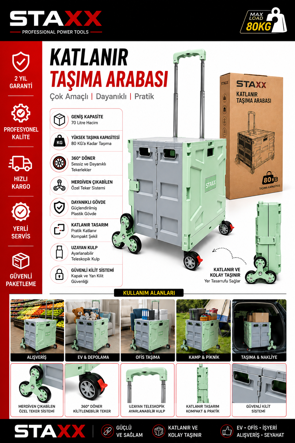 100KG Katlanır Taşıma Arabası | 70 L Katlanabilir Kasa | Merdiven Çıkan 360° Teker | Kamp • Market