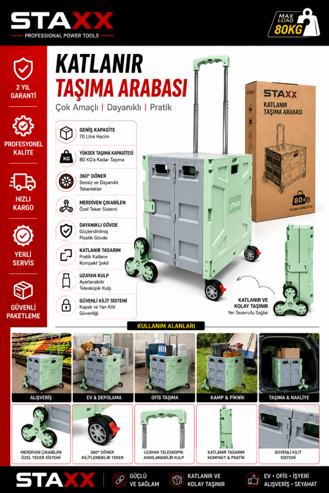 100KG Katlanır Taşıma Arabası | 70 L Katlanabilir Kasa | Merdiven Çıkan 360° Teker | Kamp • Market
