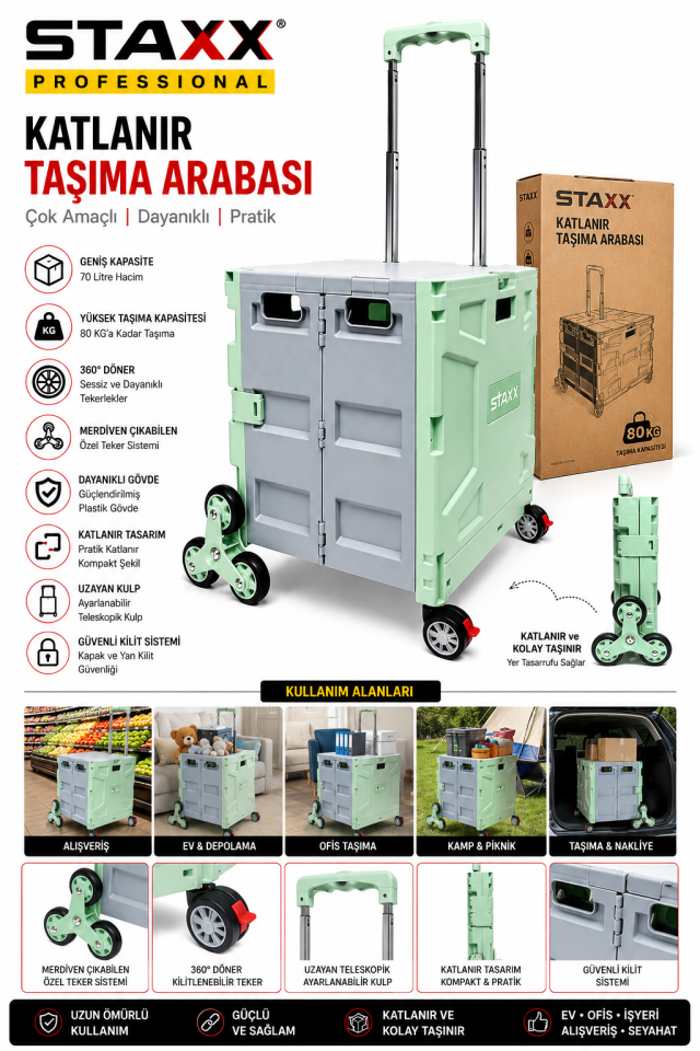 100KG Katlanır Taşıma Arabası | 70 L Katlanabilir Kasa | Merdiven Çıkan 360° Teker | Kamp • Market