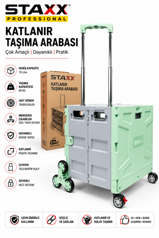 100KG Katlanır Taşıma Arabası | 70 L Katlanabilir Kasa | Merdiven Çıkan 360° Teker | Kamp • Market