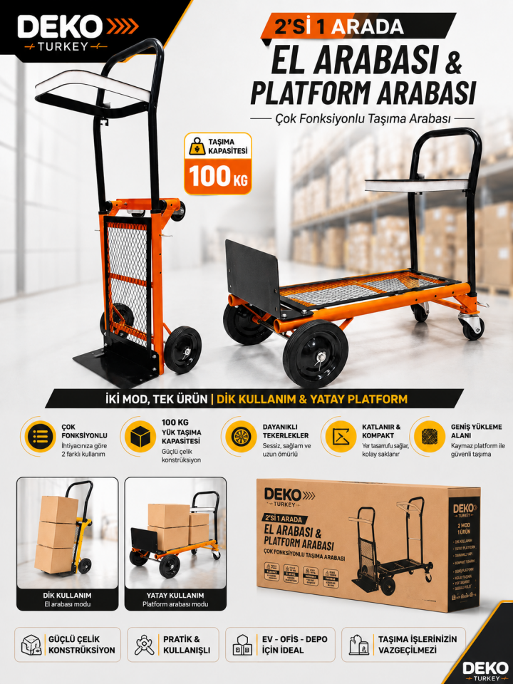 100 KG 2'si 1 Arada Katlanır El Arabası Taşıma Arabası | Çok Fonksiyonlu Çelik Yük Taşıma Arabası