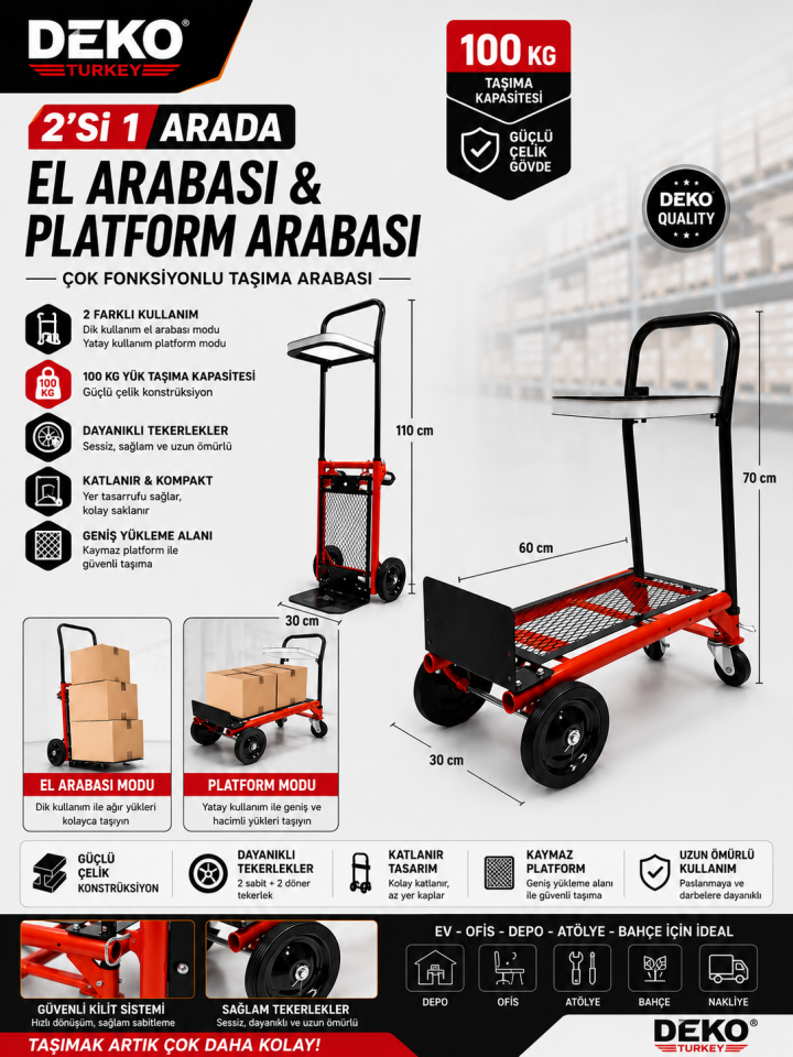 100 KG 2'si 1 Arada Katlanır El Arabası Taşıma Arabası | Çok Fonksiyonlu Çelik Yük Taşıma Arabası