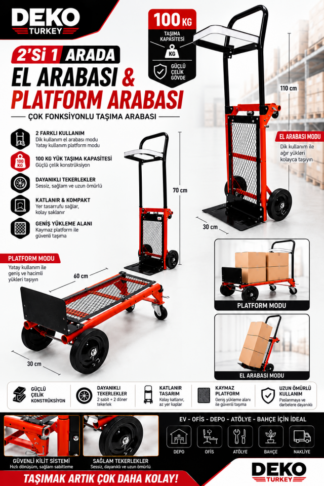 100 KG 2'si 1 Arada Katlanır El Arabası Taşıma Arabası | Çok Fonksiyonlu Çelik Yük Taşıma Arabası