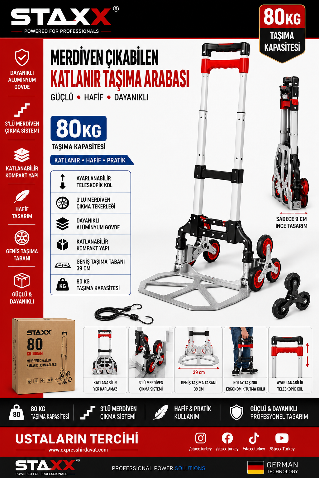 80 KG Merdiven Çıkabilen Katlanır Taşıma Arabası | Alüminyum Katlanabilir Yük ve Koli Taşıma Arabası