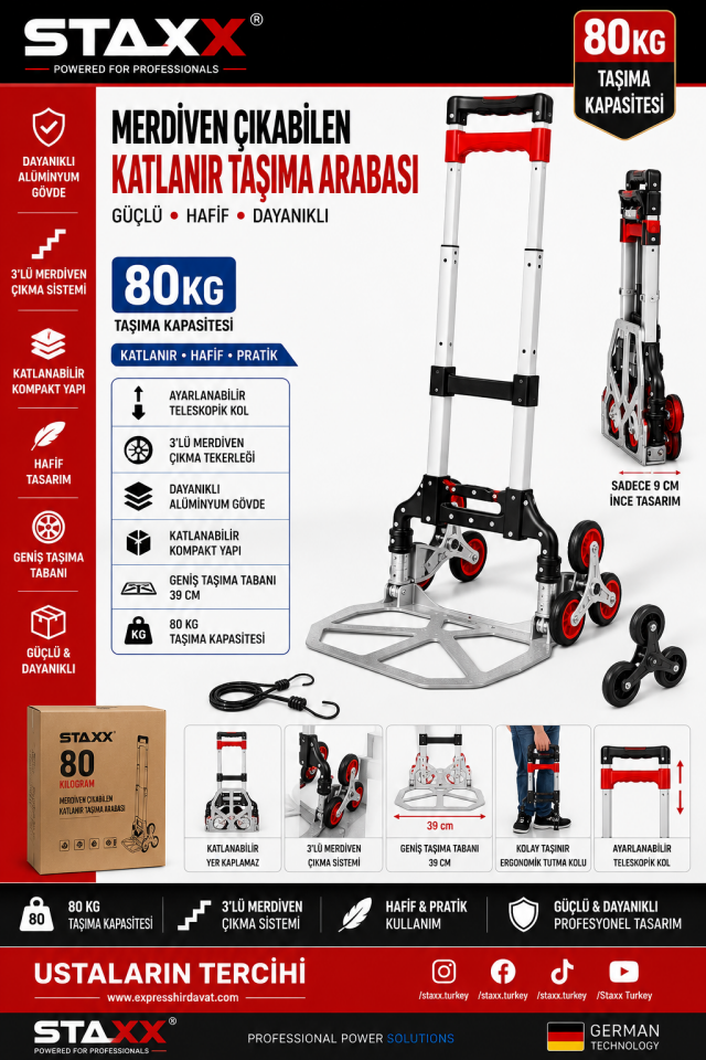 80 KG Merdiven Çıkabilen Katlanır Taşıma Arabası | Alüminyum Katlanabilir Yük ve Koli Taşıma Arabası
