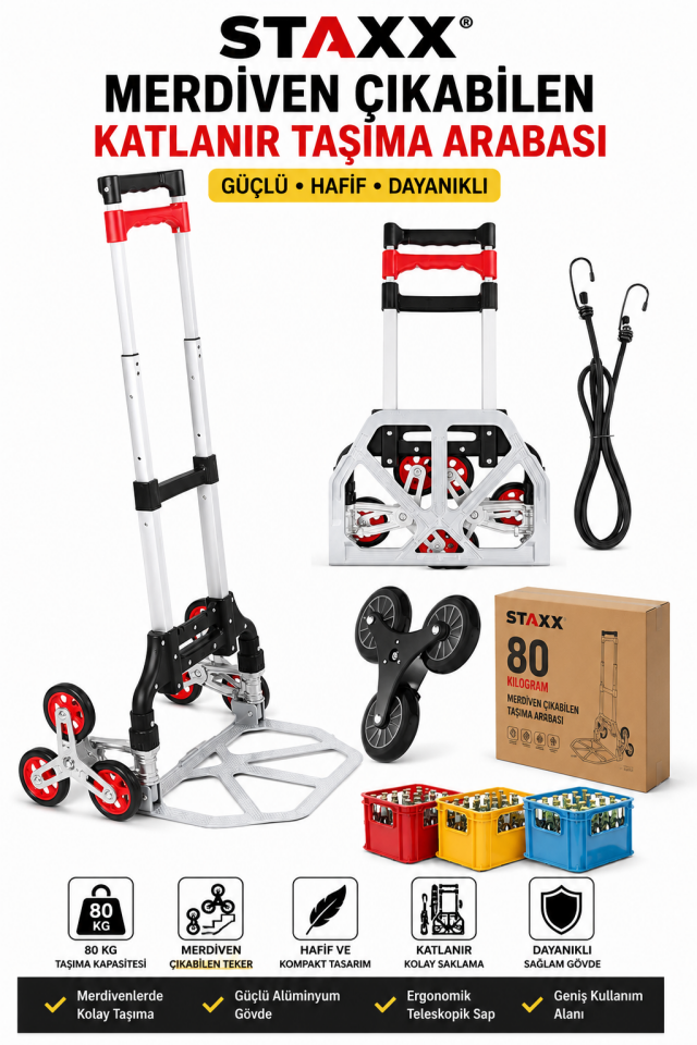 80 KG Merdiven Çıkabilen Katlanır Taşıma Arabası | Alüminyum Katlanabilir Yük ve Koli Taşıma Arabası