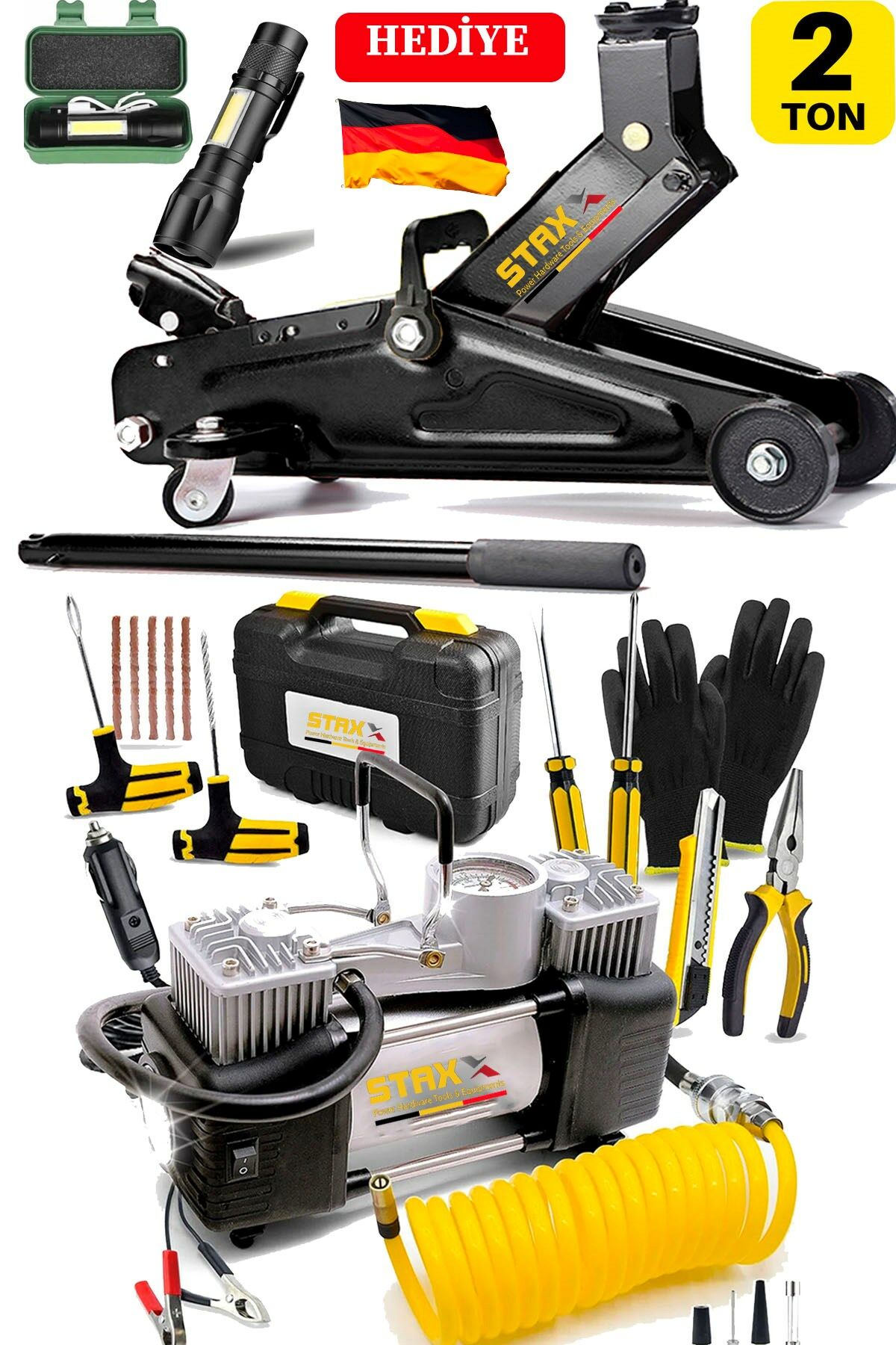 2 Ton Tekerlekli Kriko + 150 PSI Çift Piston Çakmaklı Hava Lastik Kompresör Seti + Bijon Tam Set