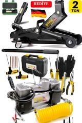2 Ton Tekerlekli Kriko + 150 PSI Çift Piston Çakmaklı Hava Lastik Kompresör Seti + Bijon Tam Set