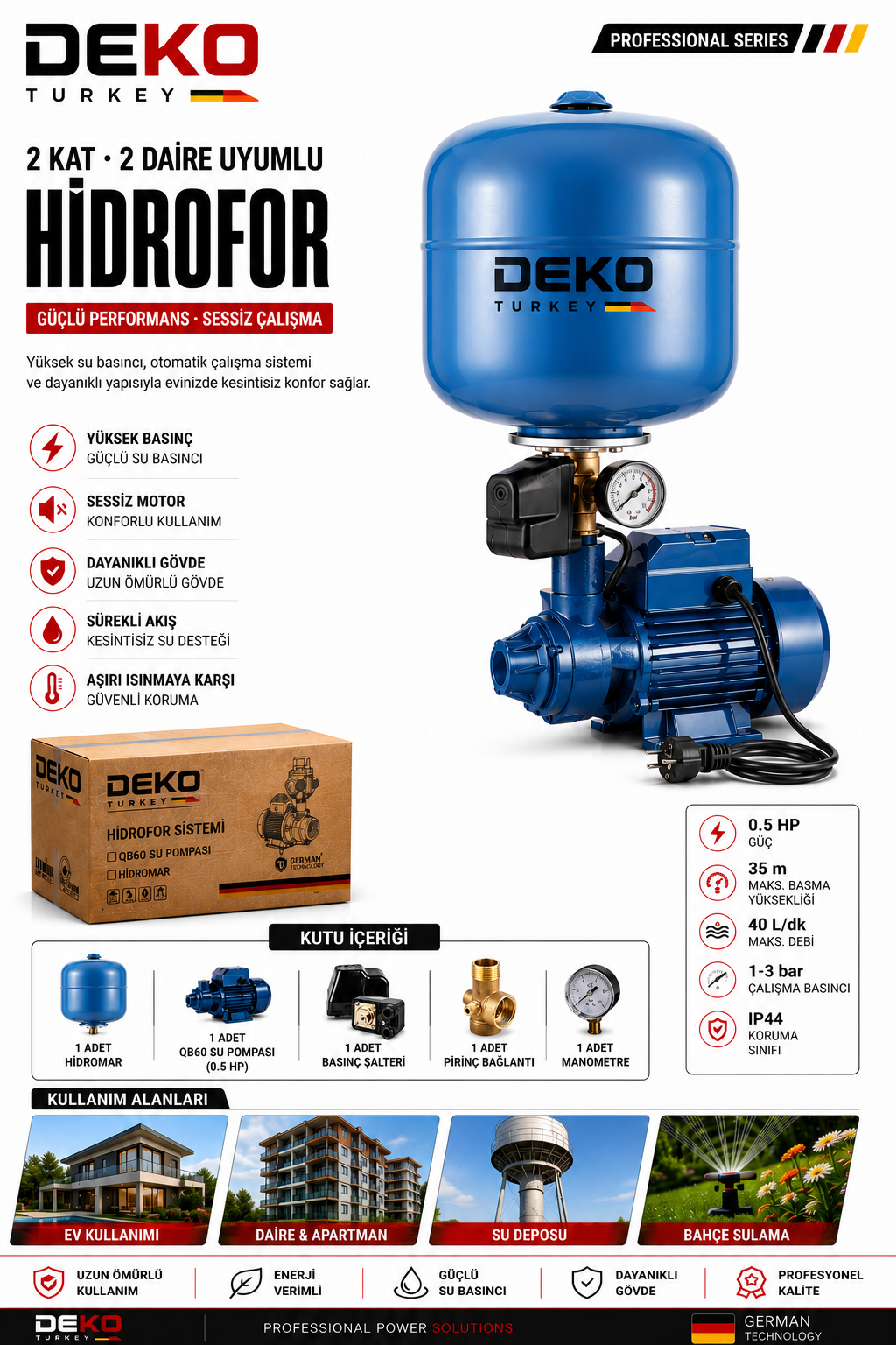 24 LT Tanklı Otomatik Hidrofor | 0.5 HP Bakır Sargılı Su Motoru | 2 Kat 2Daire Basınç Artırıcı Pompa