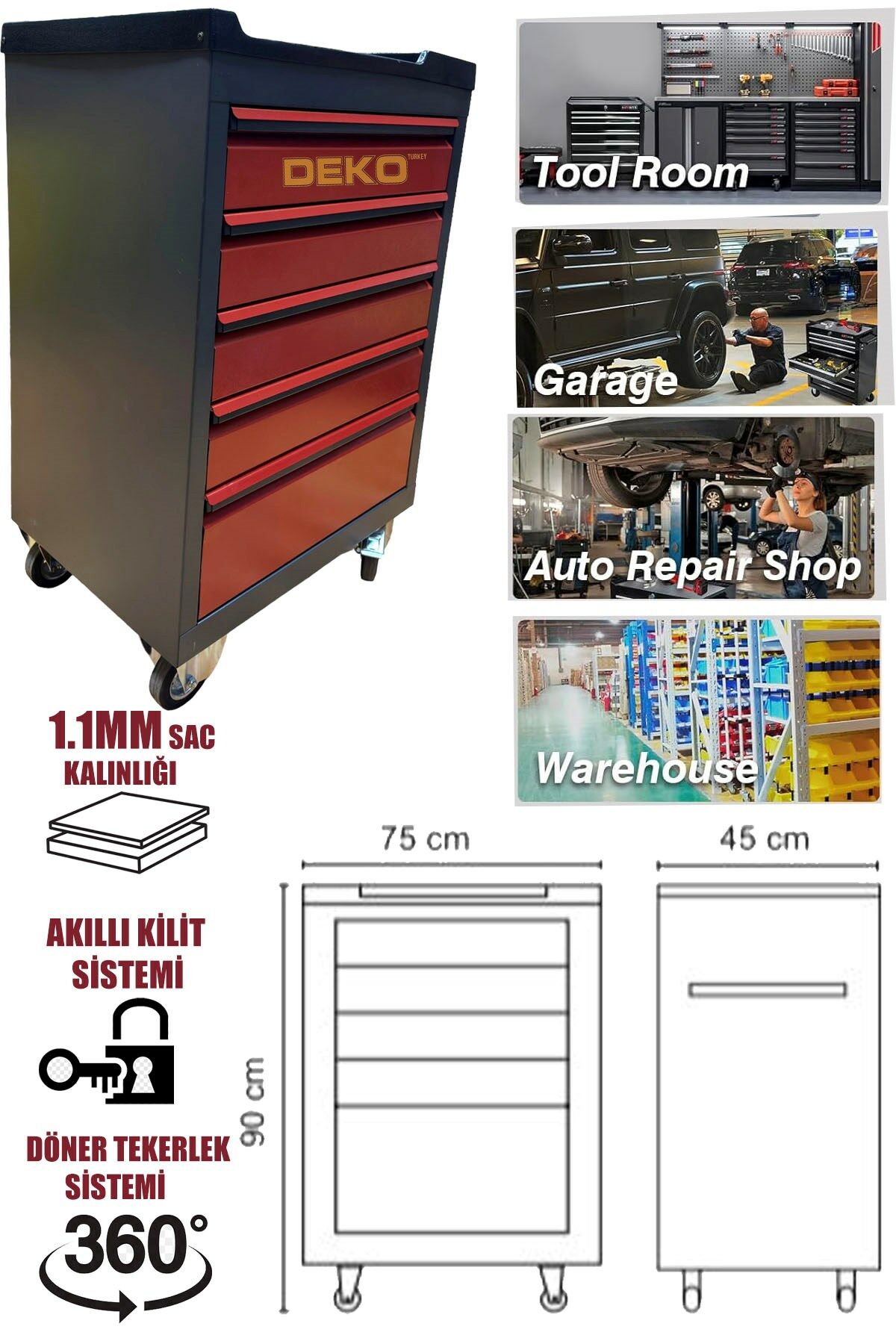 Darbeye Dayanıklı 5 Çekmeceli Depo Garaj Atölye Alet Dolabı Takım Arabası (BOŞ)