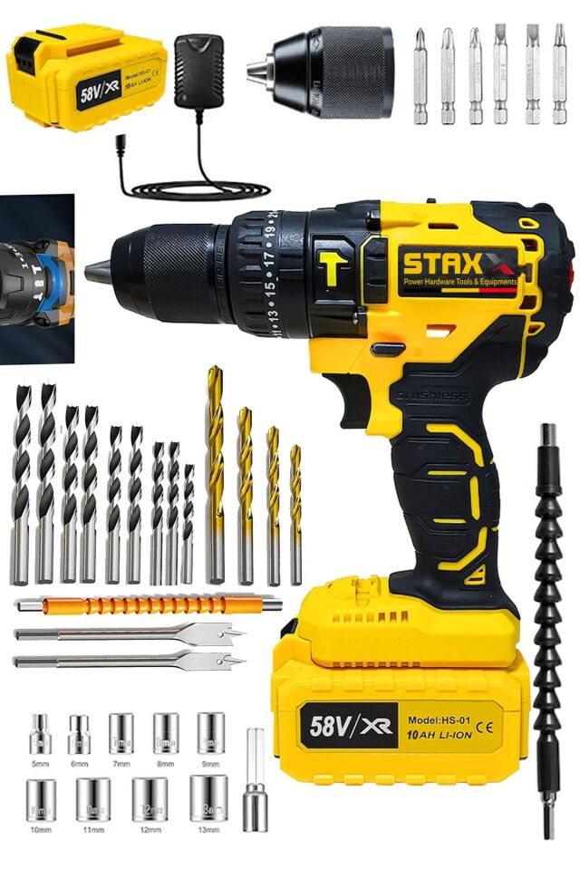 STAXX 5800VL 10Ah 13 Mm Çelik Mandren Darbeli Çift Akülü Vidalama Çelik Şanzuman Şarjlı Matkap