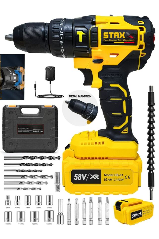 STAXX XL5800 10Ah 13 Mm Çelik Mandren Darbeli Çift Akülü Vidalama Çelik Şanzuman Şarjlı Matkap