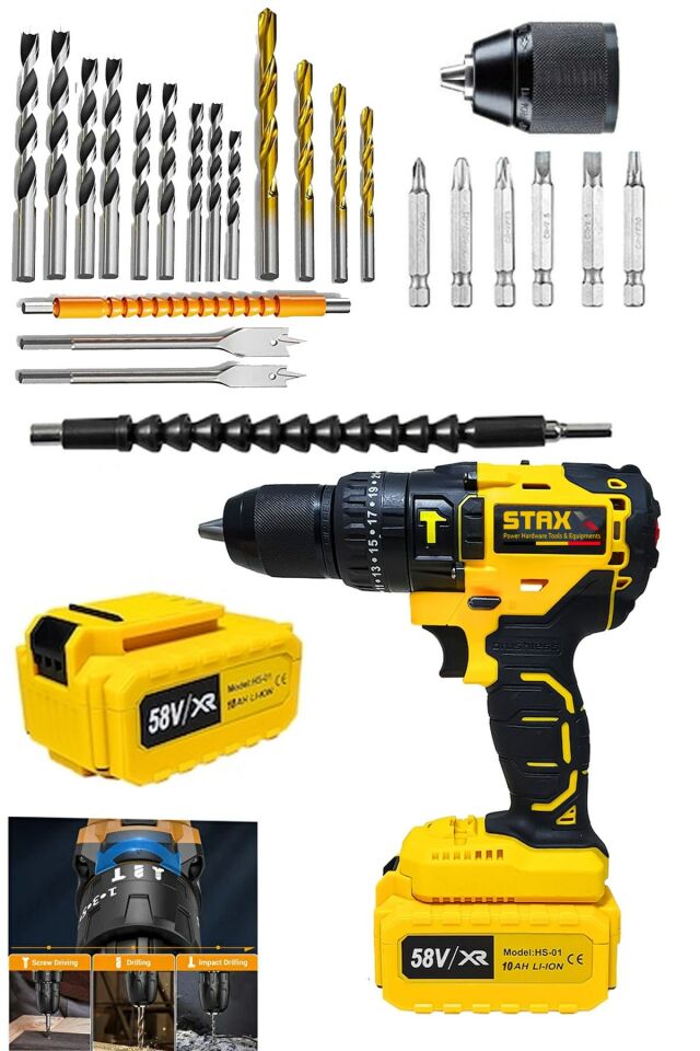 STAXX XL5800 10Ah 13 Mm Çelik Mandren Darbeli Çift Akülü Vidalama Çelik Şanzuman Şarjlı Matkap