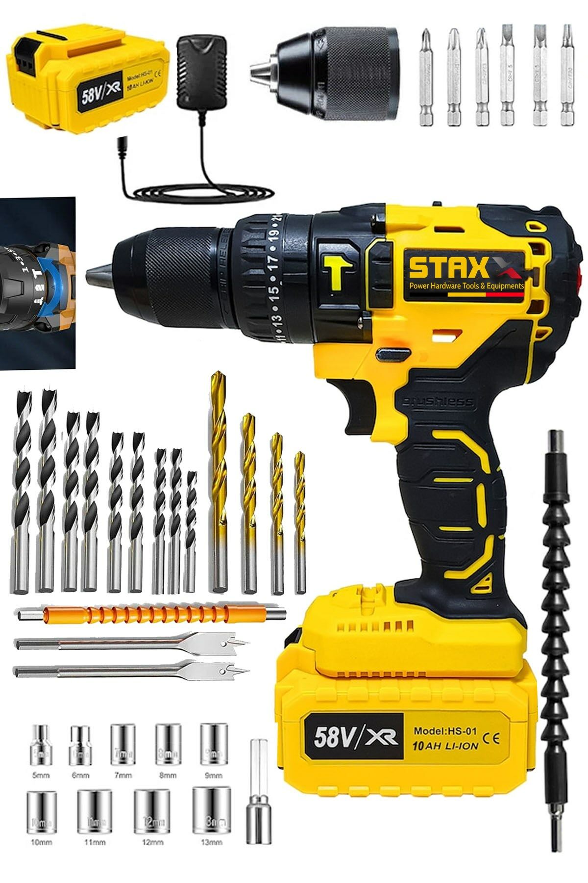 STAXX XL5800 10Ah 13 Mm Çelik Mandren Darbeli Çift Akülü Vidalama Çelik Şanzuman Şarjlı Matkap