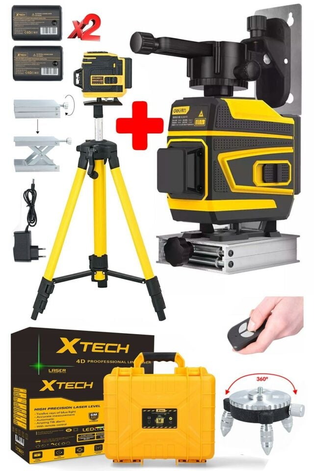 XTECH 12 Köşe 360 Derece Yatay Dikey Çapraz Çizgi Kumandalı Ve Çantalı Lazer Metre Hizalama + Tripot
