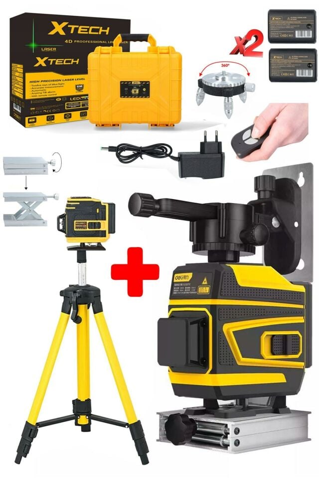 XTECH 12 Köşe 360 Derece Yatay Dikey Çapraz Çizgi Kumandalı Ve Çantalı Lazer Metre Hizalama + Tripot