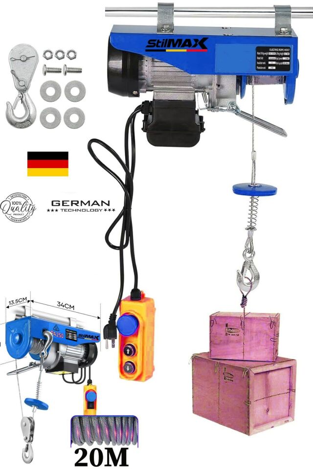 Elektrikli Motorlu Vinç Caraskal 125/250 Kg 220V 20M Halat Zincir Kaldırma Makinesi Kumandalı