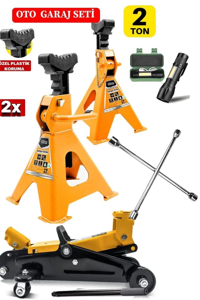 2Ton/2000Kg Kapasite Tekerlekli Arabalı Kriko + 2Ton x2Adet Sehpa Tip Kriko + Bijon Full Garaj Seti