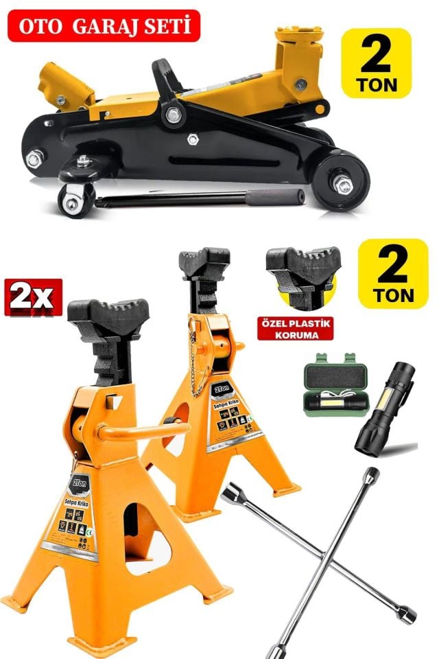 2Ton/2000Kg Kapasite Tekerlekli Arabalı Kriko + 2Ton x2Adet Sehpa Tip Kriko + Bijon Full Garaj Seti