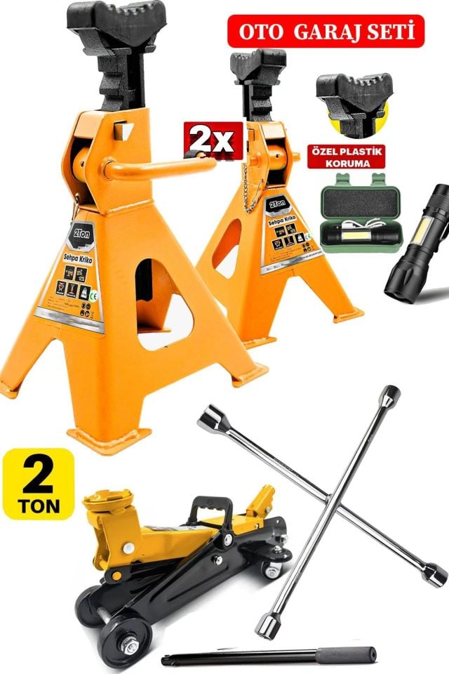 2Ton/2000Kg Kapasite Tekerlekli Arabalı Kriko + 2Ton x2Adet Sehpa Tip Kriko + Bijon Full Garaj Seti